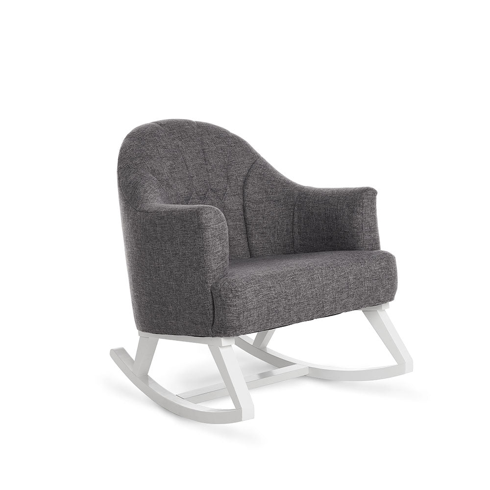 Obaby Round Back nursing rocking chair in Dark Grey woven upholstery with curved backrest and wooden frame on plain white background