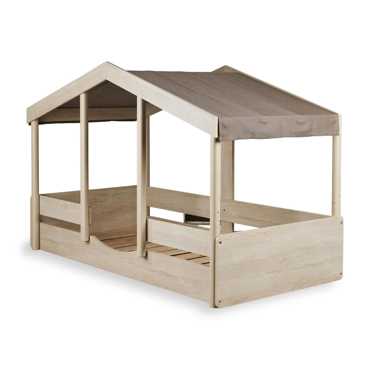 Quax Cottage Montessori House Bed 90 x 200cm in natural wood with Chocolat fabric roof cover on white background