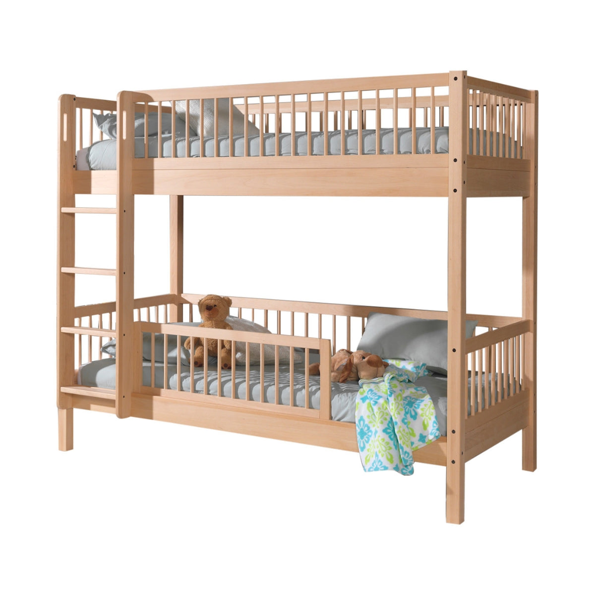 VIPACK FORREST beech natural bunk bed with bed guard on white background