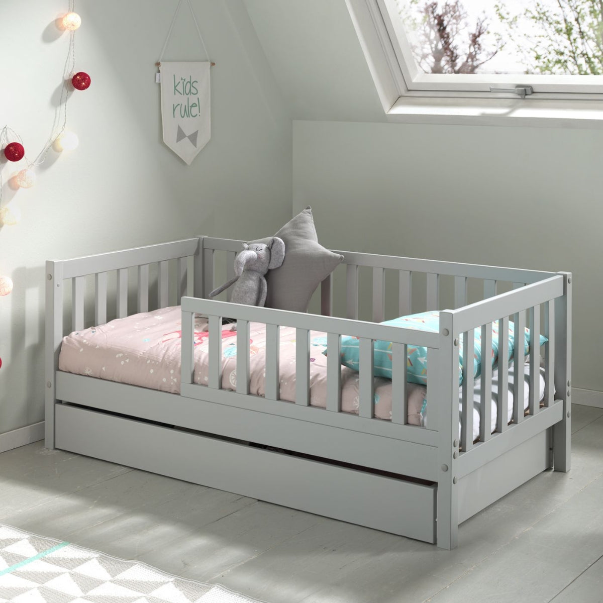vipack toddler bed grey with underbed tidy drawer in modern uk nursery bedroom