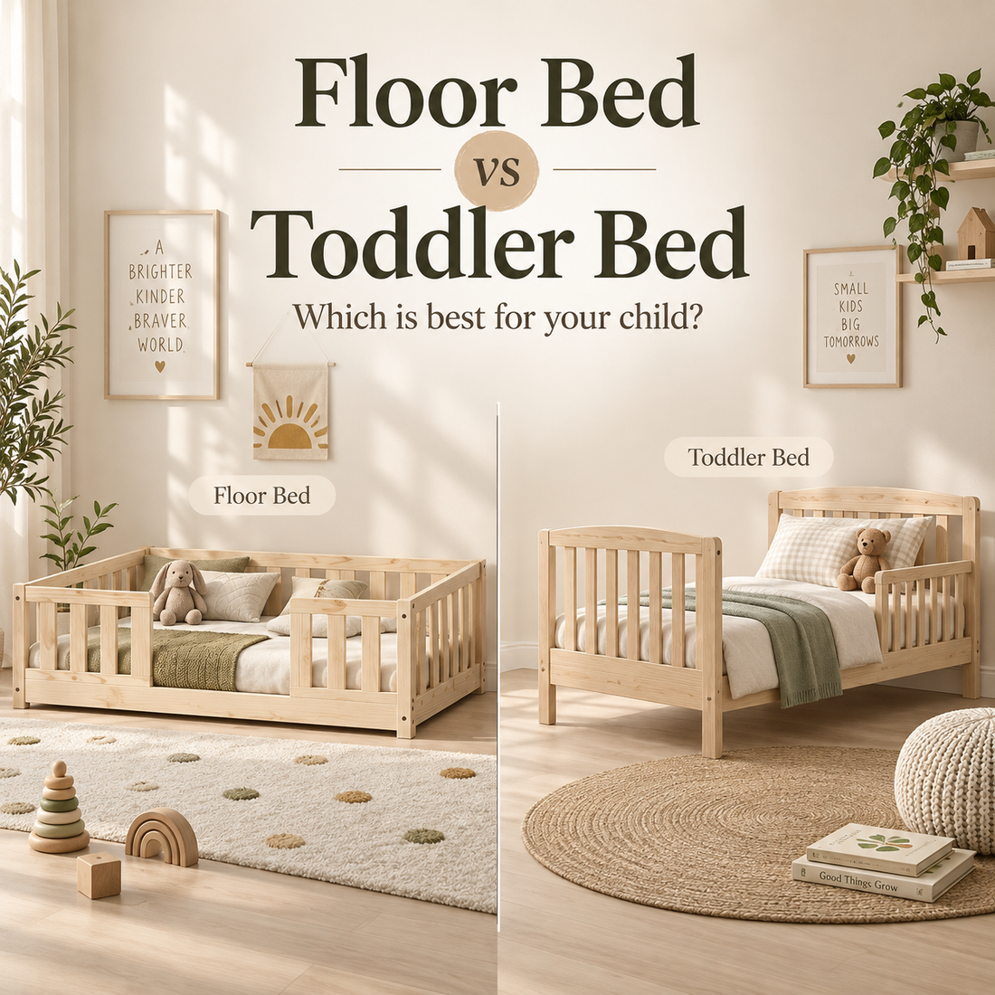 Floor bed vs toddler bed lead image showing a low wooden floor bed and a traditional toddler bed in a neutral nursery setting