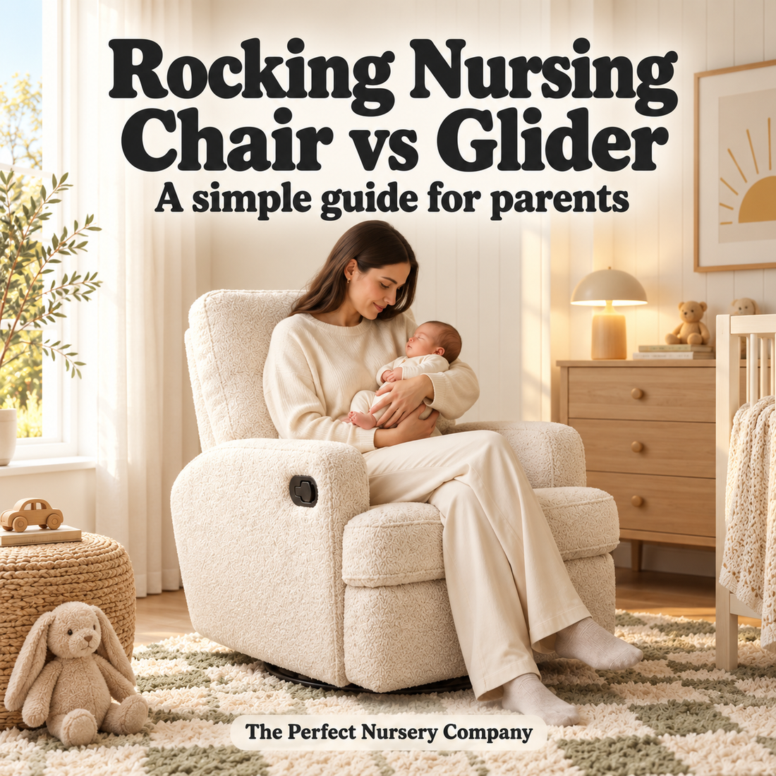 mother sitting in a soft comfy reclining nursing chair holding baby in modern nursery