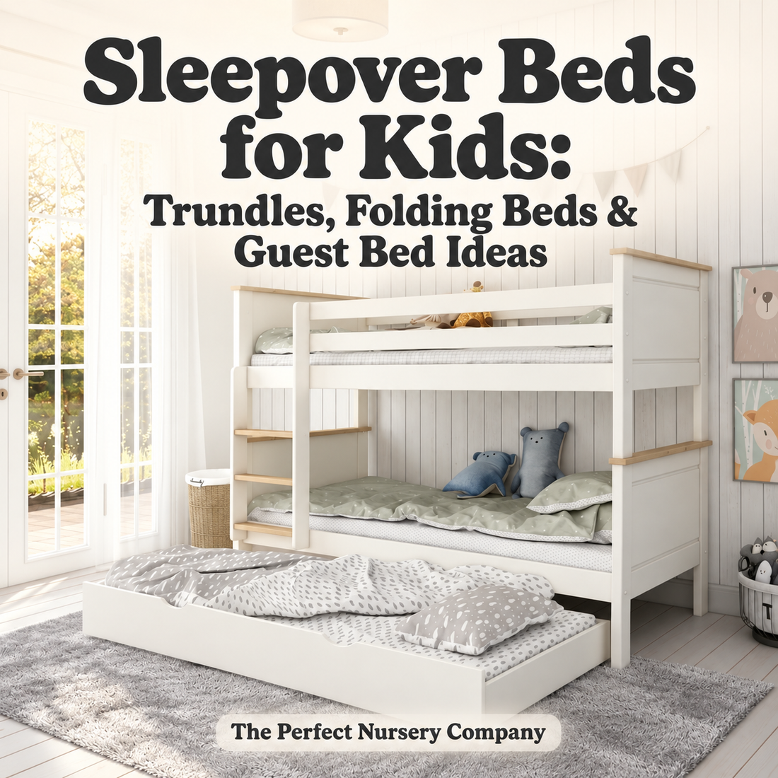 White bunk bed with a pull out trundle in a children’s bedroom with the title Sleepover Beds for Kids Trundles Folding Beds Guest Bed Ideas