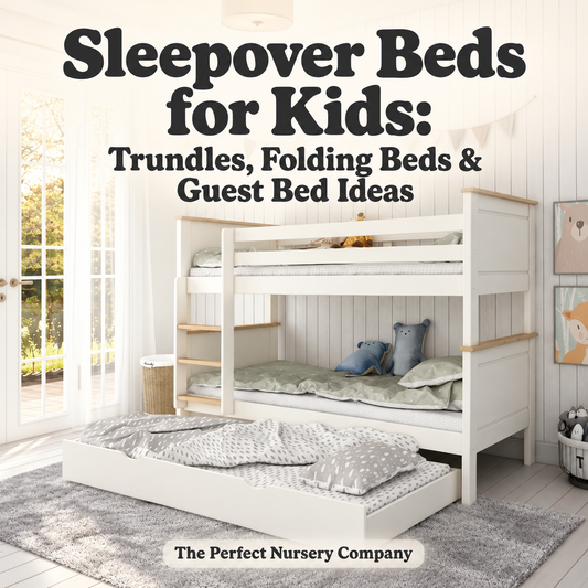 White bunk bed with a pull out trundle in a children’s bedroom with the title Sleepover Beds for Kids Trundles Folding Beds Guest Bed Ideas