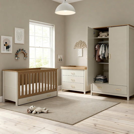 Babymore Mira 3 piece nursery furniture set in Cashmere and Warm Oak with cot bed, changing dresser and wardrobe in modern nursery
