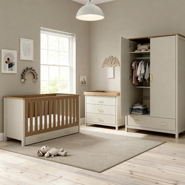 Babymore Mira 3 piece nursery furniture set in Cashmere and Warm Oak with cot bed, changing dresser and wardrobe in modern nursery