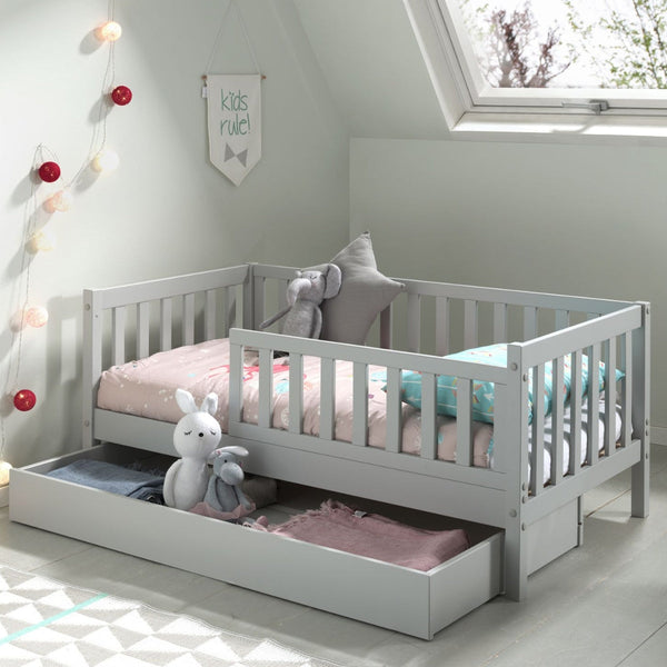 grey 140x70cm toddler bed with underbed storage drawer 