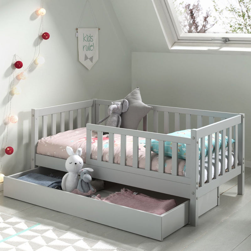 grey 140x70cm toddler bed with underbed storage drawer 