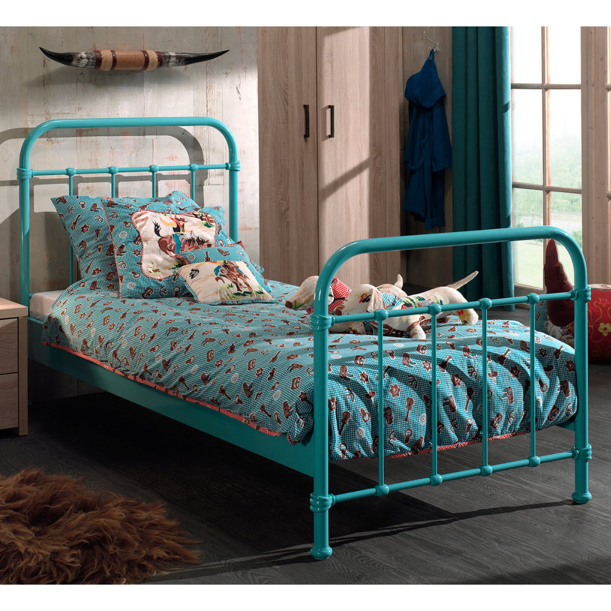 Mint Teal kids metal single bed with in a bedroom setting