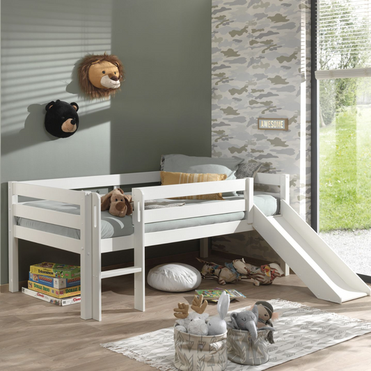 VIPACK PINO European single mid sleeper low 90 X 200cm with ladder & slide white