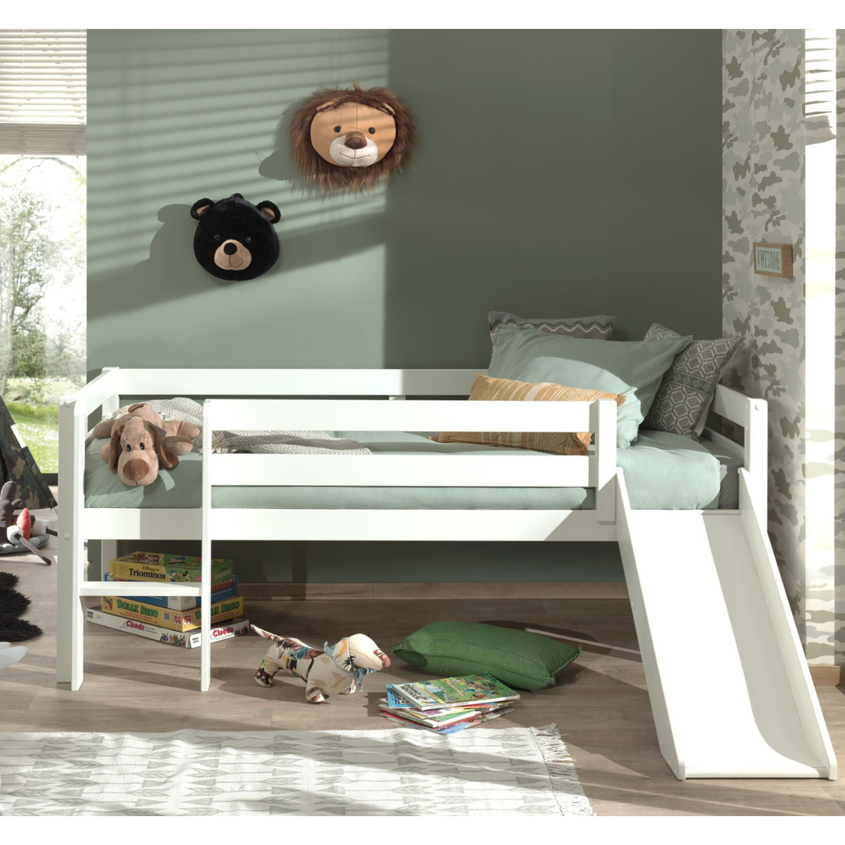 VIPACK PINO European single mid sleeper low 90 X 200cm with ladder & slide white