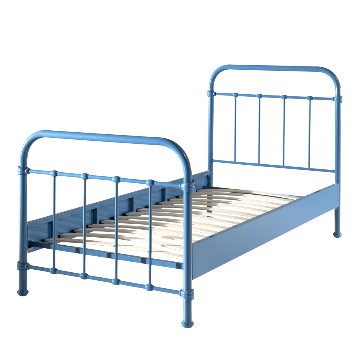Blue metal single bed frame on a white background