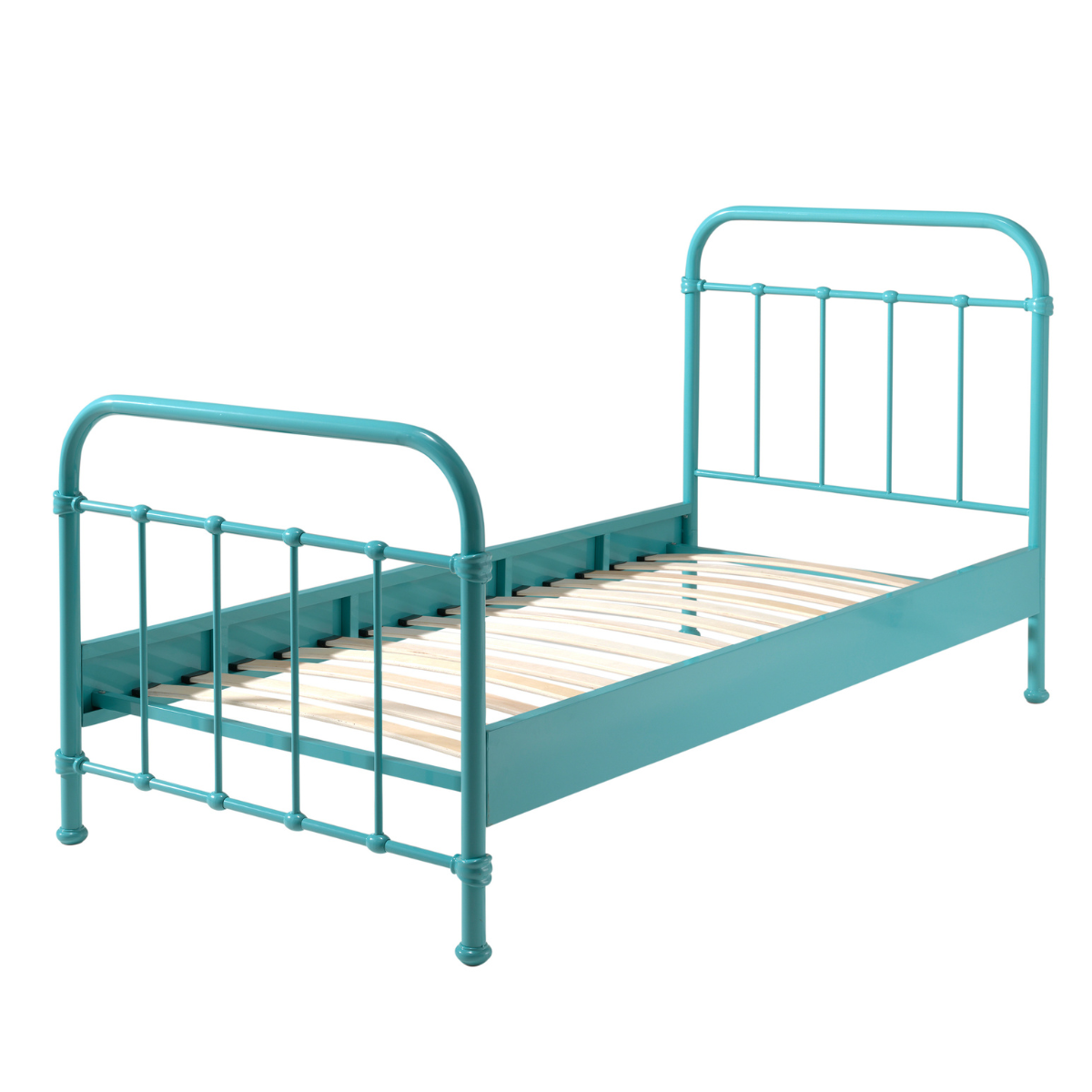 mint Teal single metal bed frame on a white background. VIPACK New York single bed made from metal frame with wooden slats 
