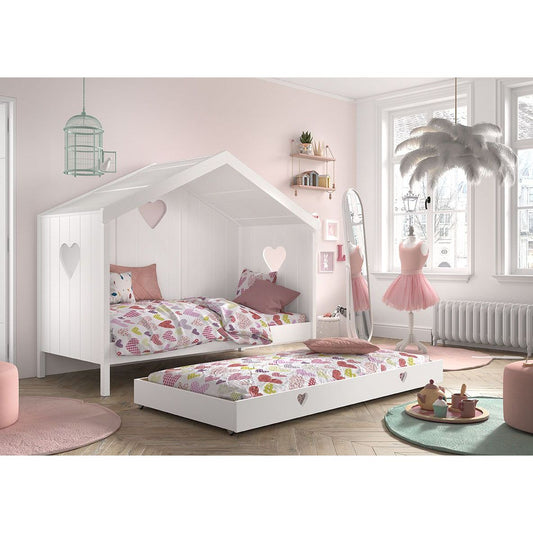 VIPACK AMORI house bed with heart shaped back panels 90 X 200cm white including underbed storage drawer