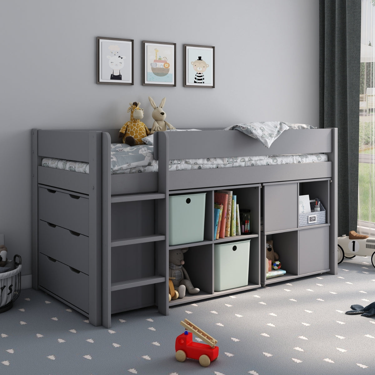 dreams anderson kids grey mid sleeper bed with ladder and pull out desk and underbed storage drawers