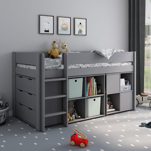 dreams anderson kids grey mid sleeper bed with ladder and pull out desk and underbed storage drawers