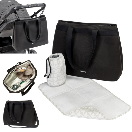 Black baby changing pram stroller bag with ample storage made from 100% recycled polyester with insulated bottle holder and baby changing mat made from super soft bamboo and sustainable plant based sorana fibre. Bag is shown attached to stroller pram using stroller hooks