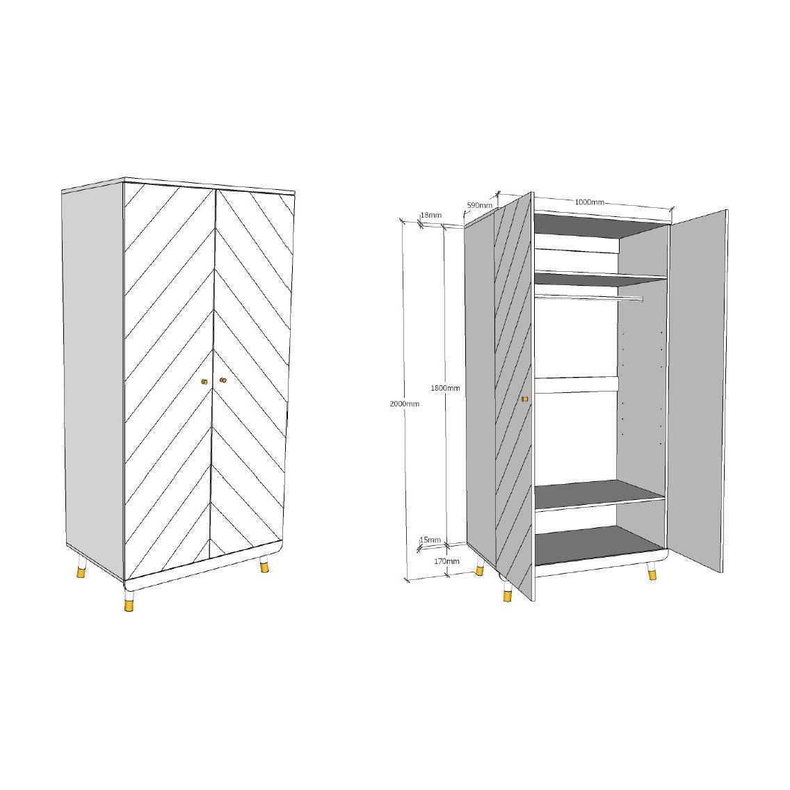 JAXX BILLY 3 piece room set white with 2 door wardrobe