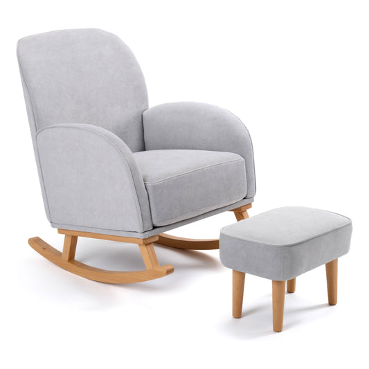 A grey Babymore Freya Nursing Chair with a matching footstool, featuring a wooden frame on plain white background