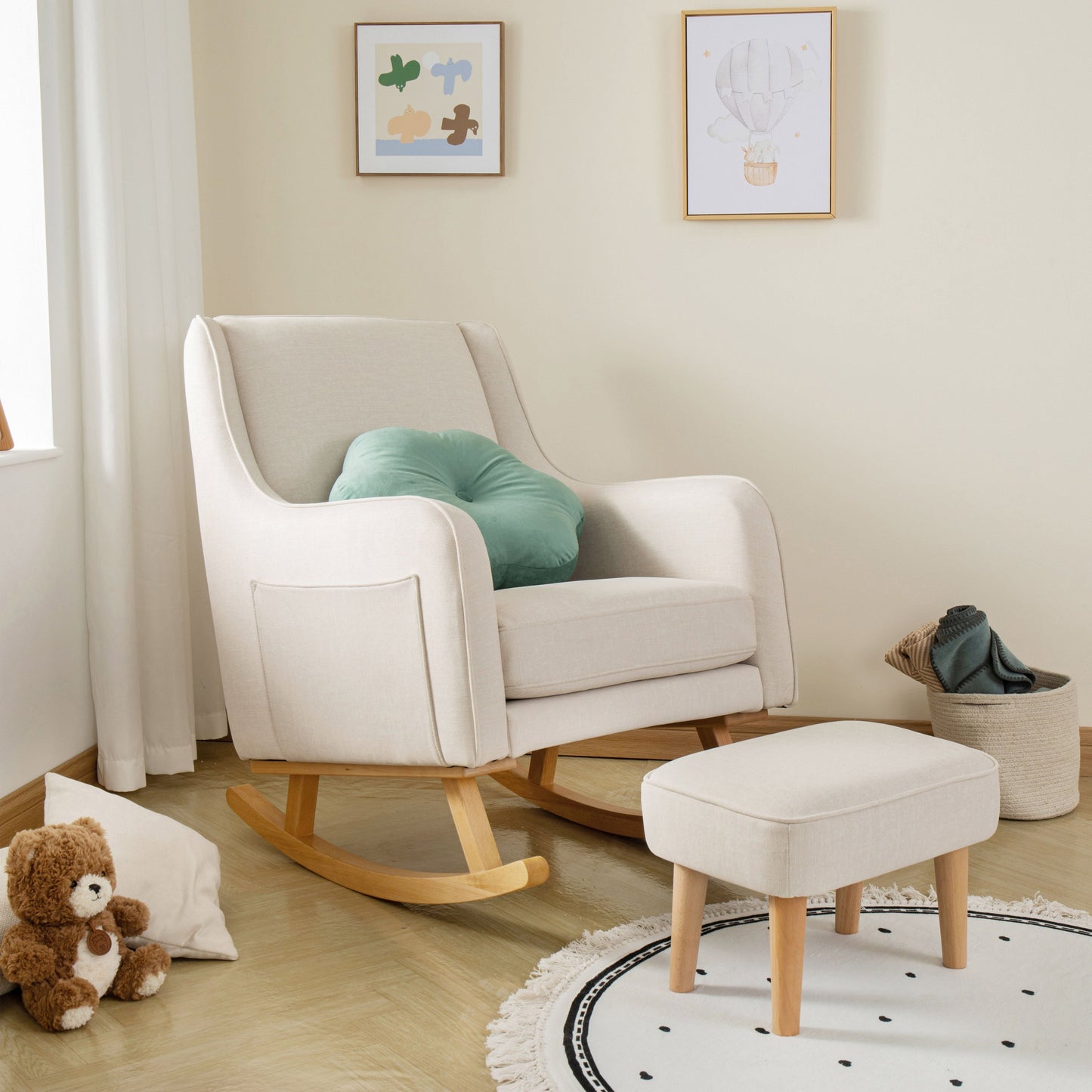 Babymore Ida nursing chair ivory with matching footstool in modern light baby nursery