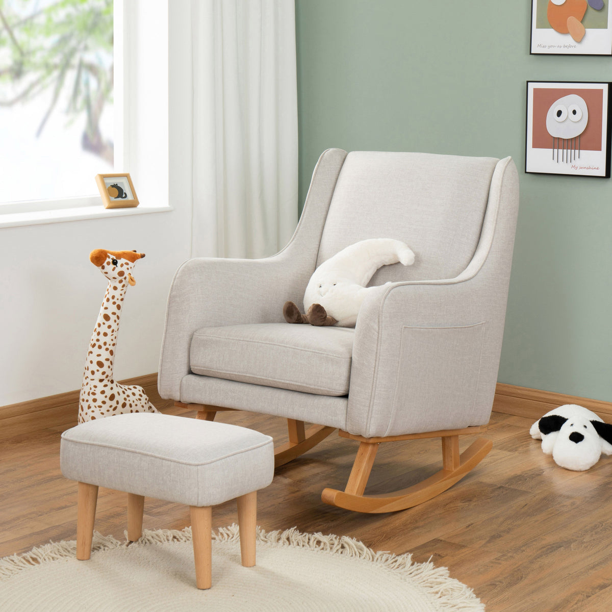 Babymore Ida Cashmere nursing rocking chair with matching upholstered footstool in baby nursery