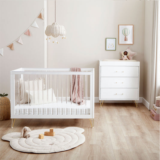 Babymore Kimi Acrylic 2 piece nursery furniture set with 120 x 60cm cot bed and 3-drawer dresser changer