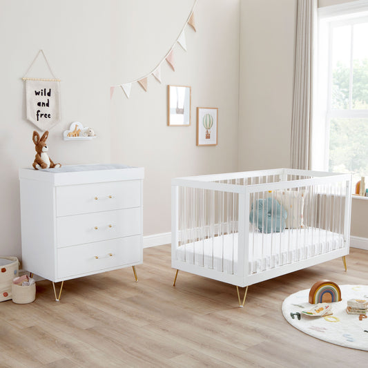 Babymore Kimi XL Acrylic white 2 piece nursery furniture set with 140 x 70cm cot bed and 3-drawer dresser changer