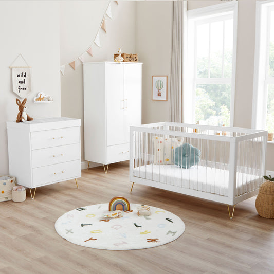 Babymore Kimi XL Acrylic white 3 piece nursery furniture set with 140 x 70cm cot bed, dresser changer and wardrobe