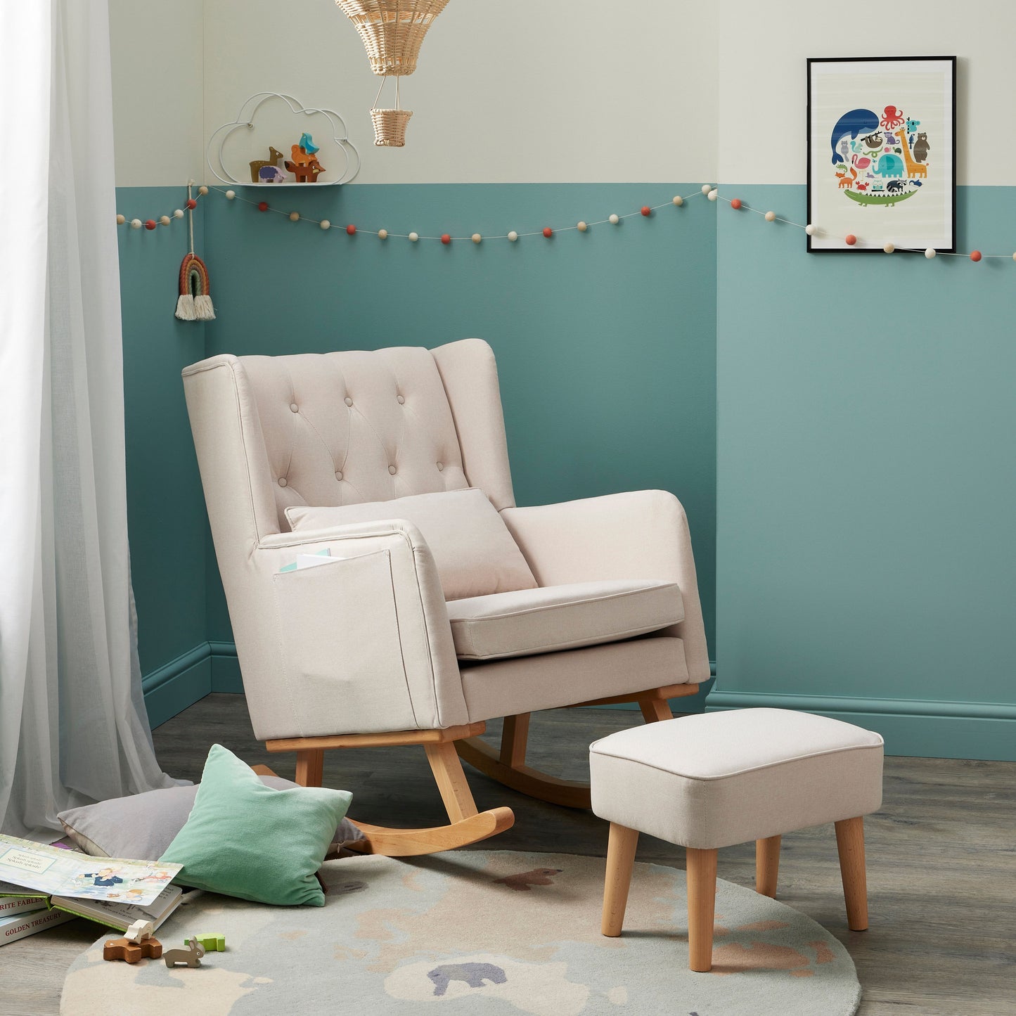 Babymore Lux rocking nursing chair in cream fabric with matching footstool in modern nursery