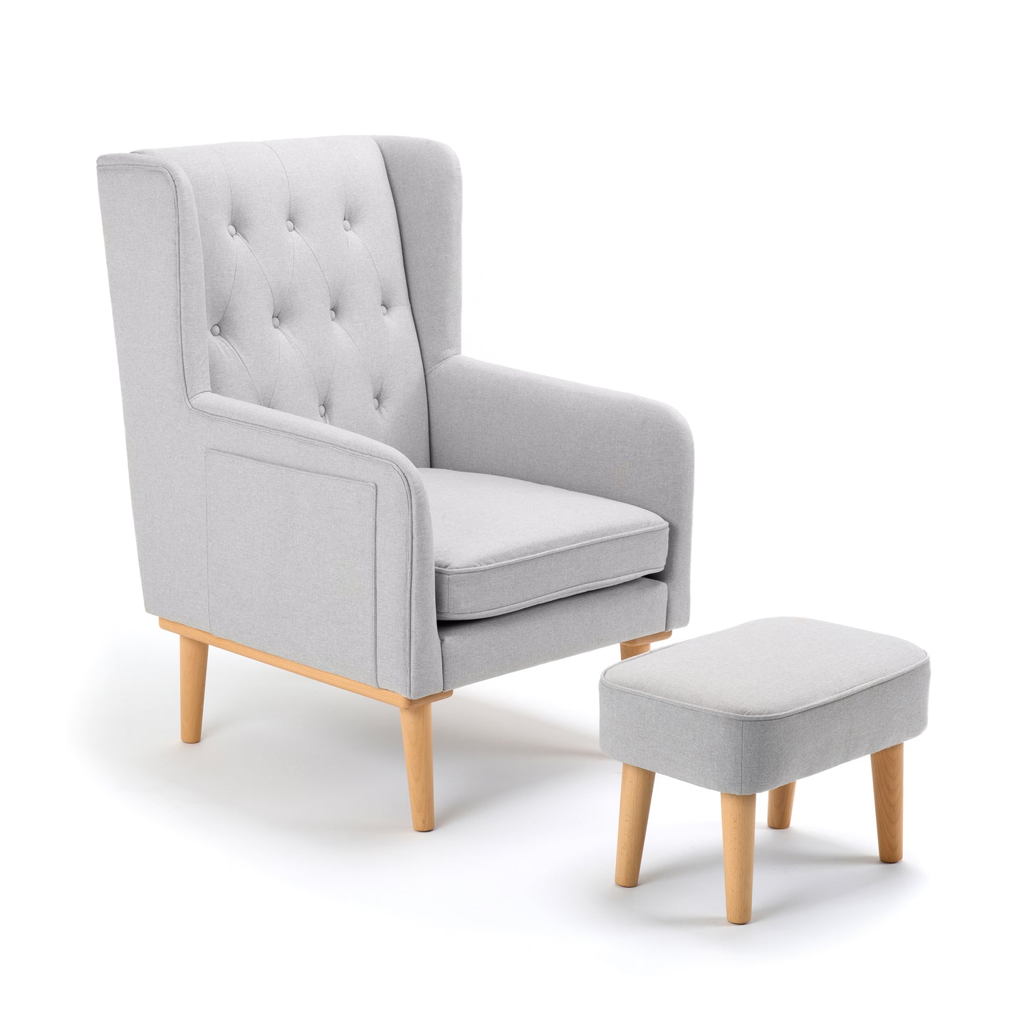 Babymore lux nursing chair and matching footstool in grey fabric on plain white background