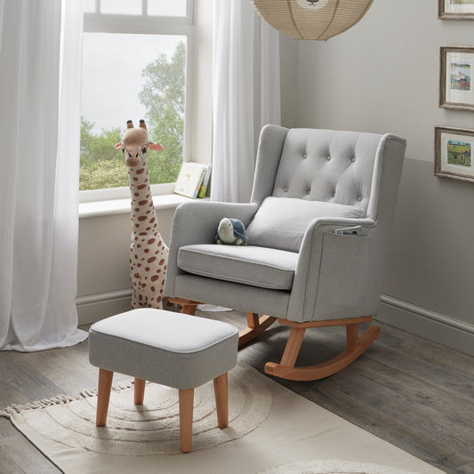 Babymore Lux grey Nursing Chair with matching footstool in modern nursery