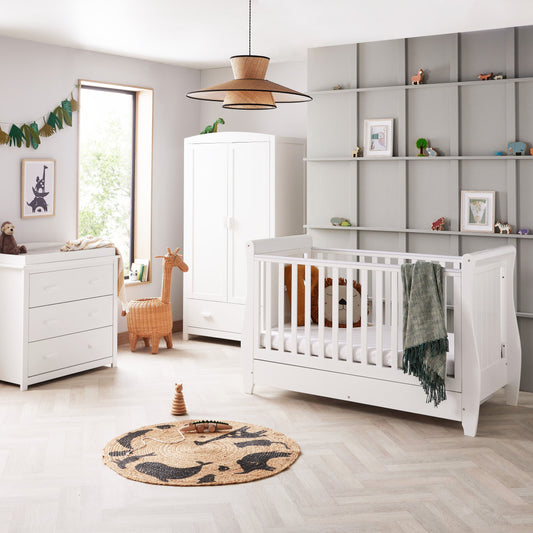 Babymore Stella white 3 piece nursery furniture set with 140 x 70cm sleigh cot bed, 3-drawer chest and wardrobe
