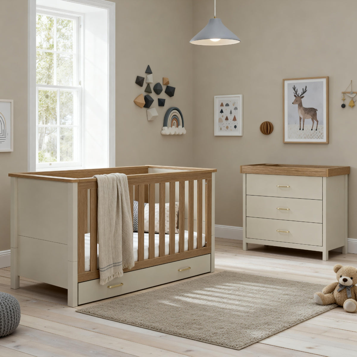 Babymore Mira 2 Piece Nursery Room Set in Cashmere Warm Oak with 140 x 70cm cot bed, underbed drawer and chest changer