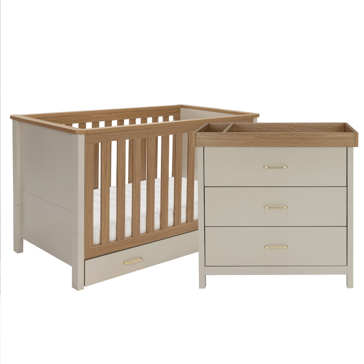 Babymore Mira 2 Piece Nursery Room Set Cashmere Warm Oak with cot bed and matching chest changer on white background