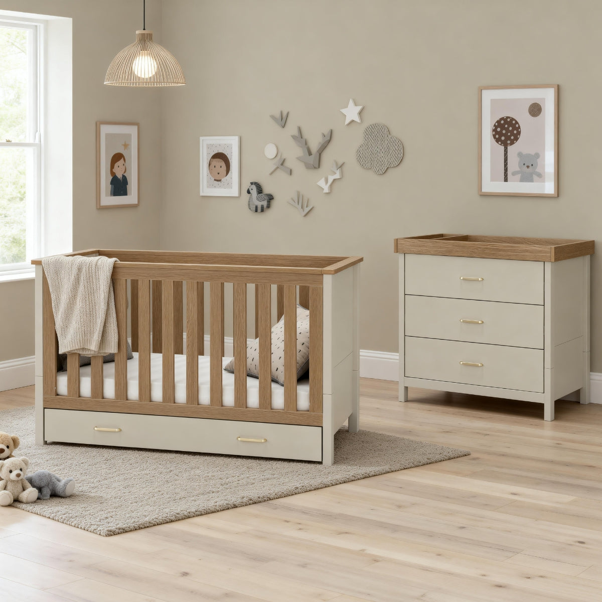 Babymore Mira Cashmere Warm Oak nursery furniture set with 140 x 70cm cot bed, storage drawer and three-drawer chest changer