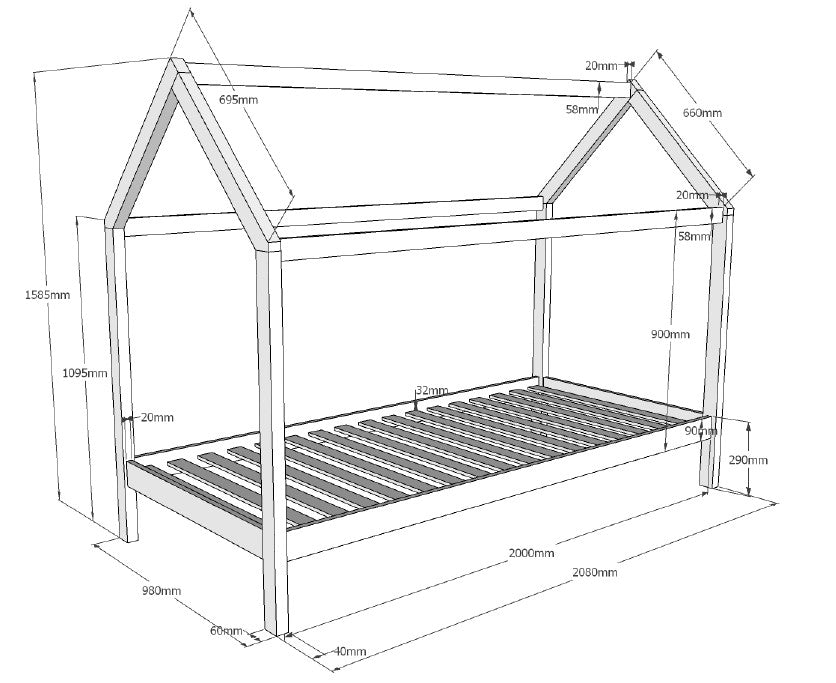 VIPACK DALLAS European single house bed 90 X 200cm without fence white