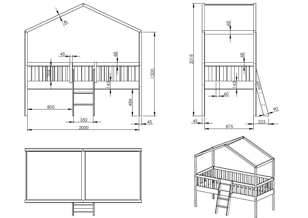 VIPACK DALLAS European single house bed 90 X 200cm with fence & ladder white