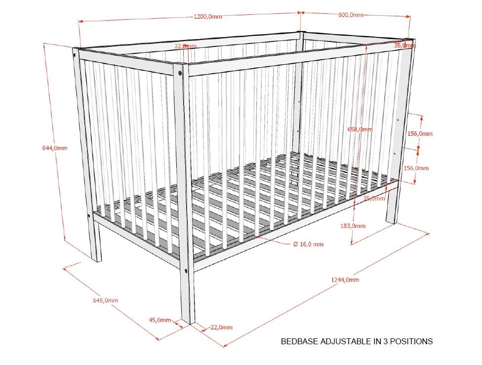 Dimensions of a VIPACK DINO 120x60cm cot with adjustable base shown on a white background