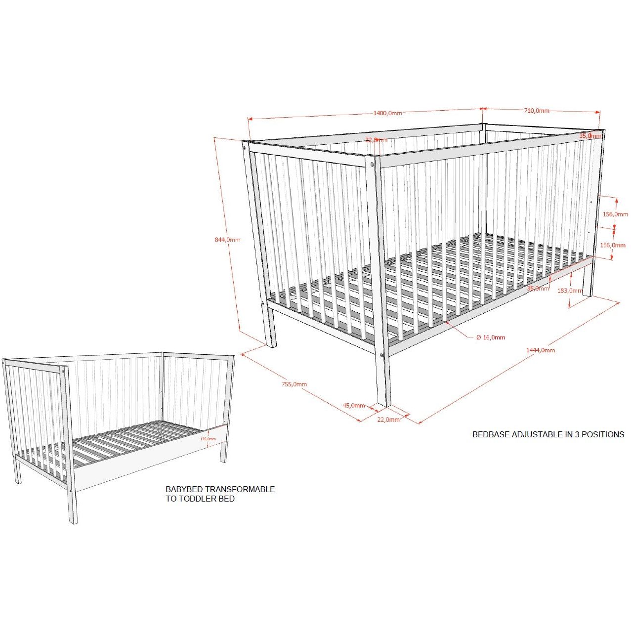 VIPACK JAXX DINO cot bed 140 x 70cm & baby changing table bundle white