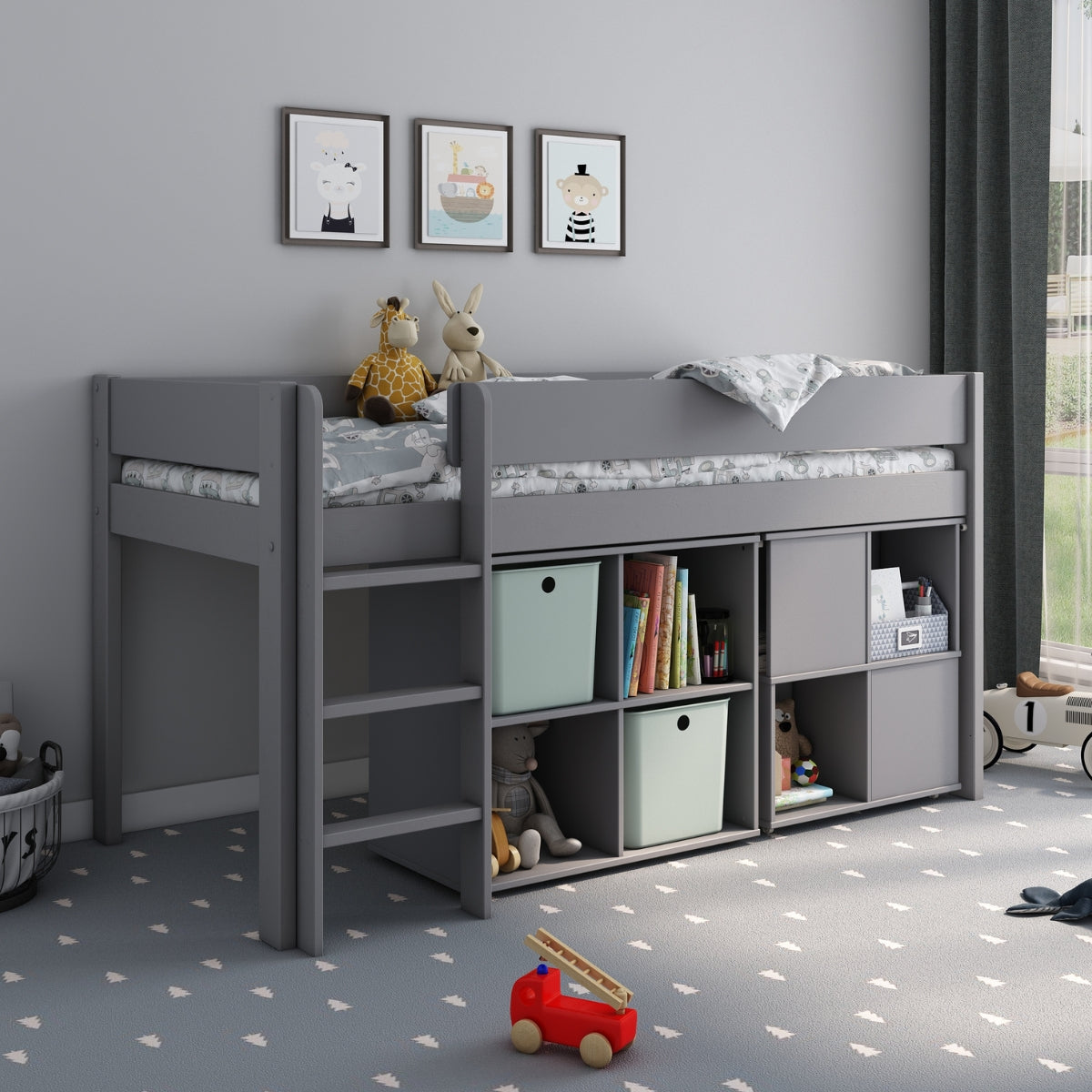 Dreams Anderson grey mid sleeper bed with ladder and underbed storage compartments with books and toys