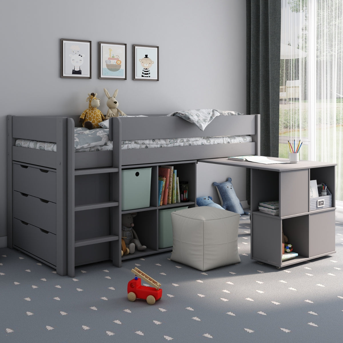 dreams anderson childrens grey mid sleeper bed with ladder and pull out desk with storage