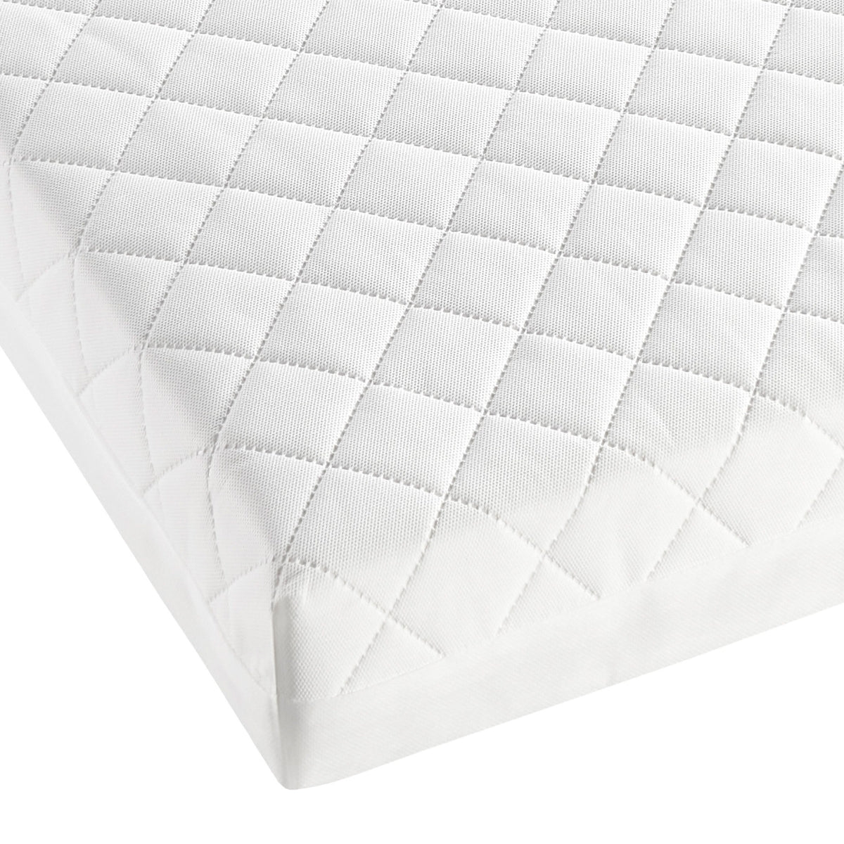 close up of deluxe sprung 120x60cm cot mattress removable BabyTec® hypoallergenic cover on white background