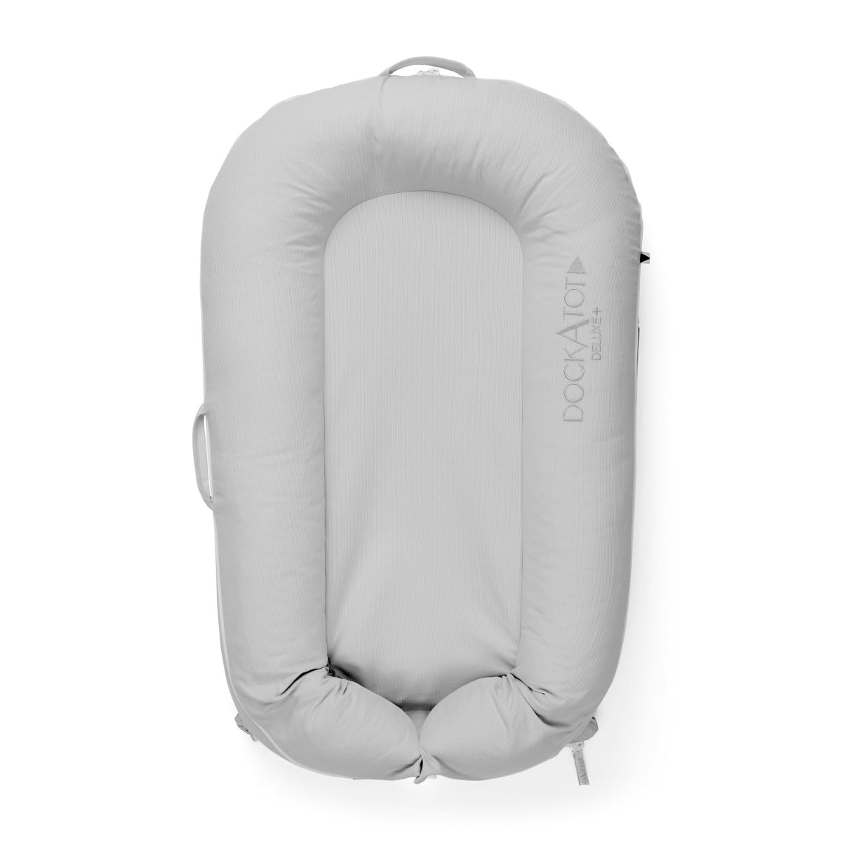 DockATot Deluxe+ Baby Dock in Cloud Grey for babies from birth to 8 months.
