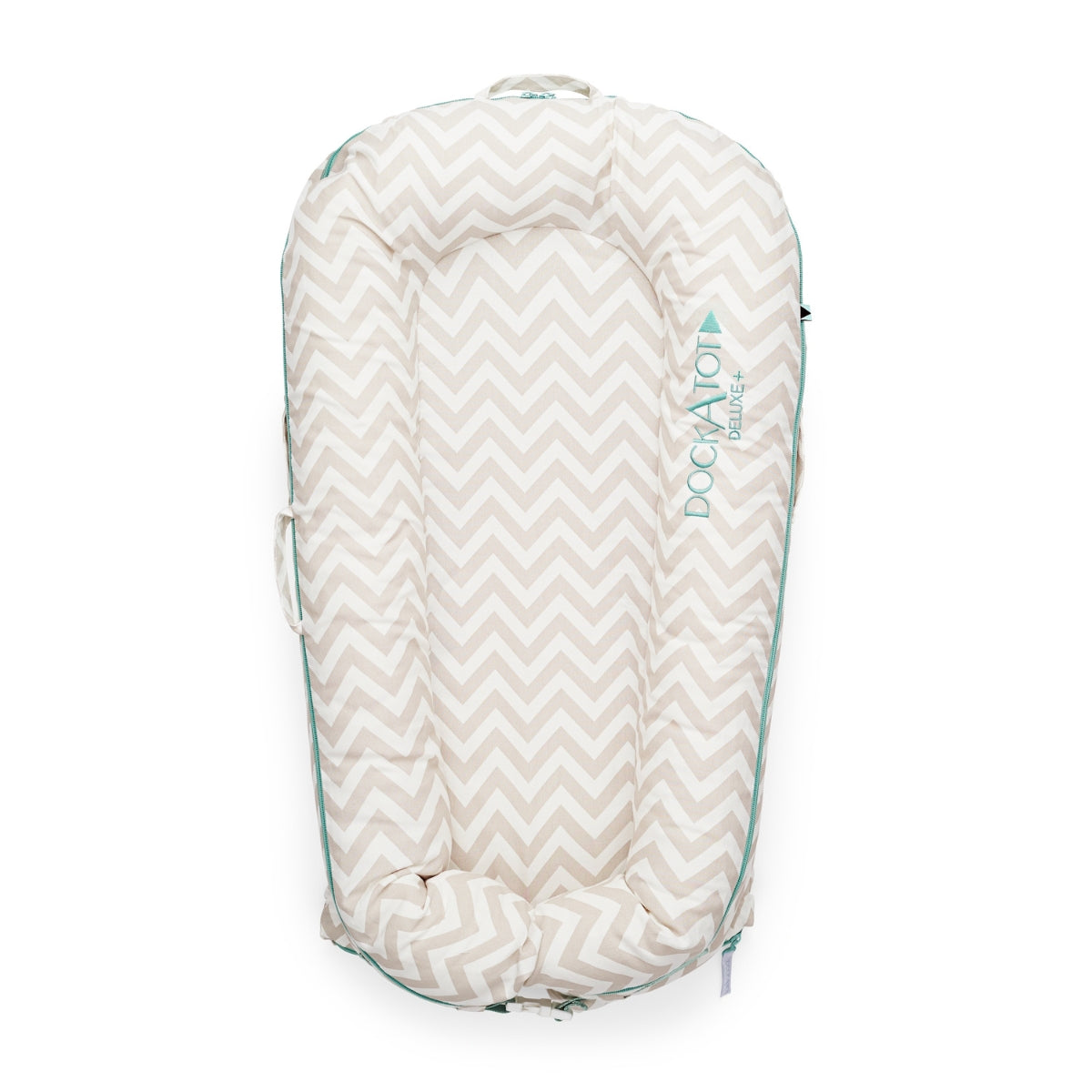 DockATot Deluxe+ Baby Dock in Silver Lining for babies from birth to 8 months.