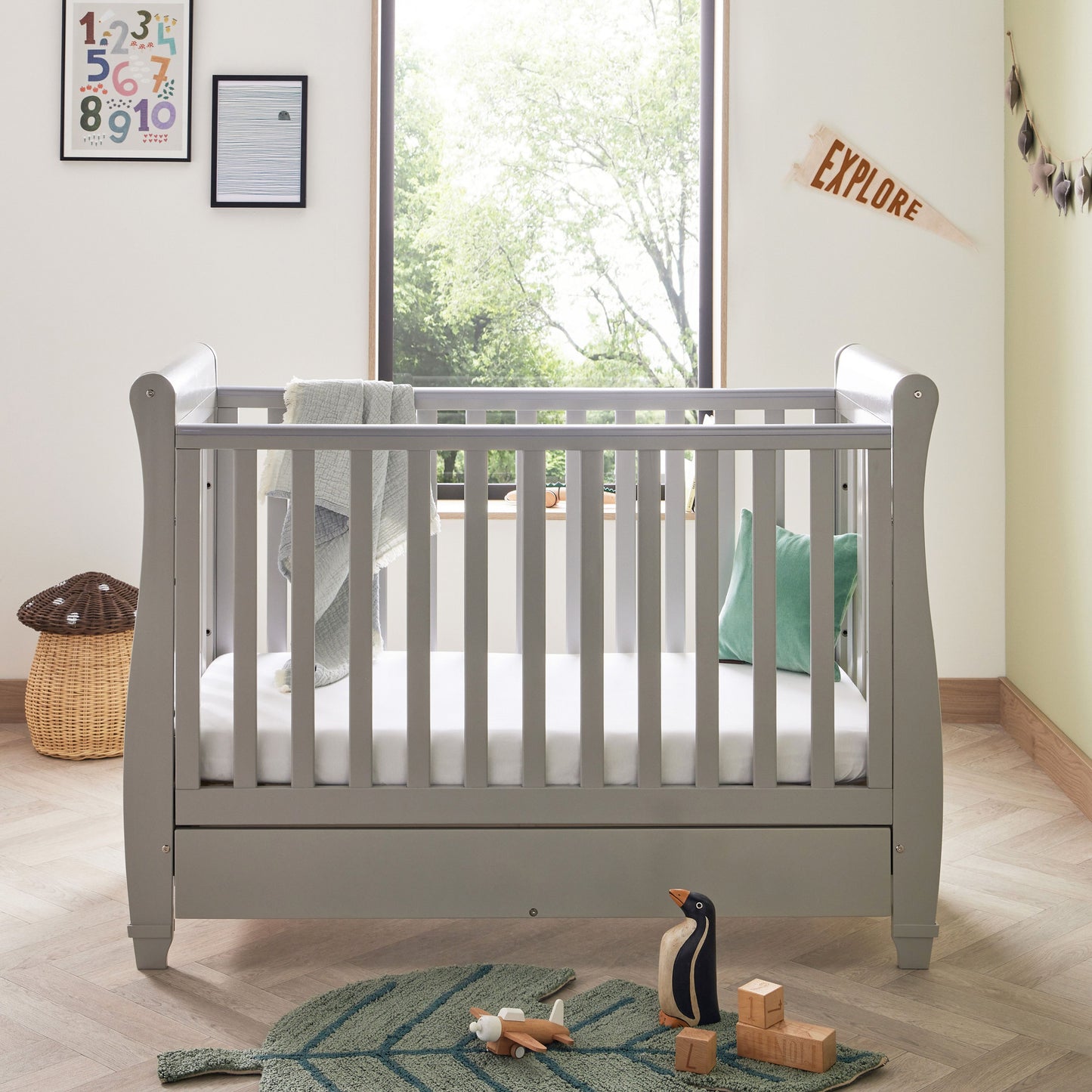 Babymore Eva Sleigh Drop Side Cot Bed 120 x 60cm Grey with drawer