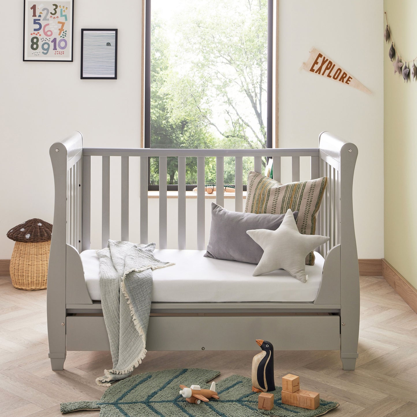 Babymore Eva Sleigh Drop Side Cot Bed 120 x 60cm Grey with drawer