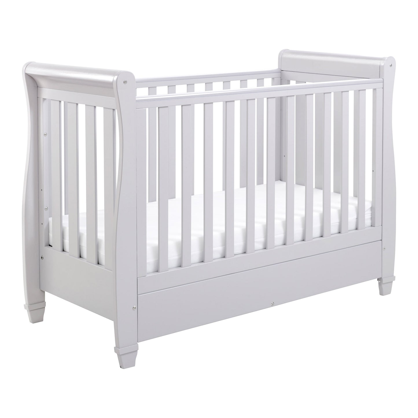 Babymore Eva Sleigh Drop Side Cot Bed 120 x 60cm Grey with drawer