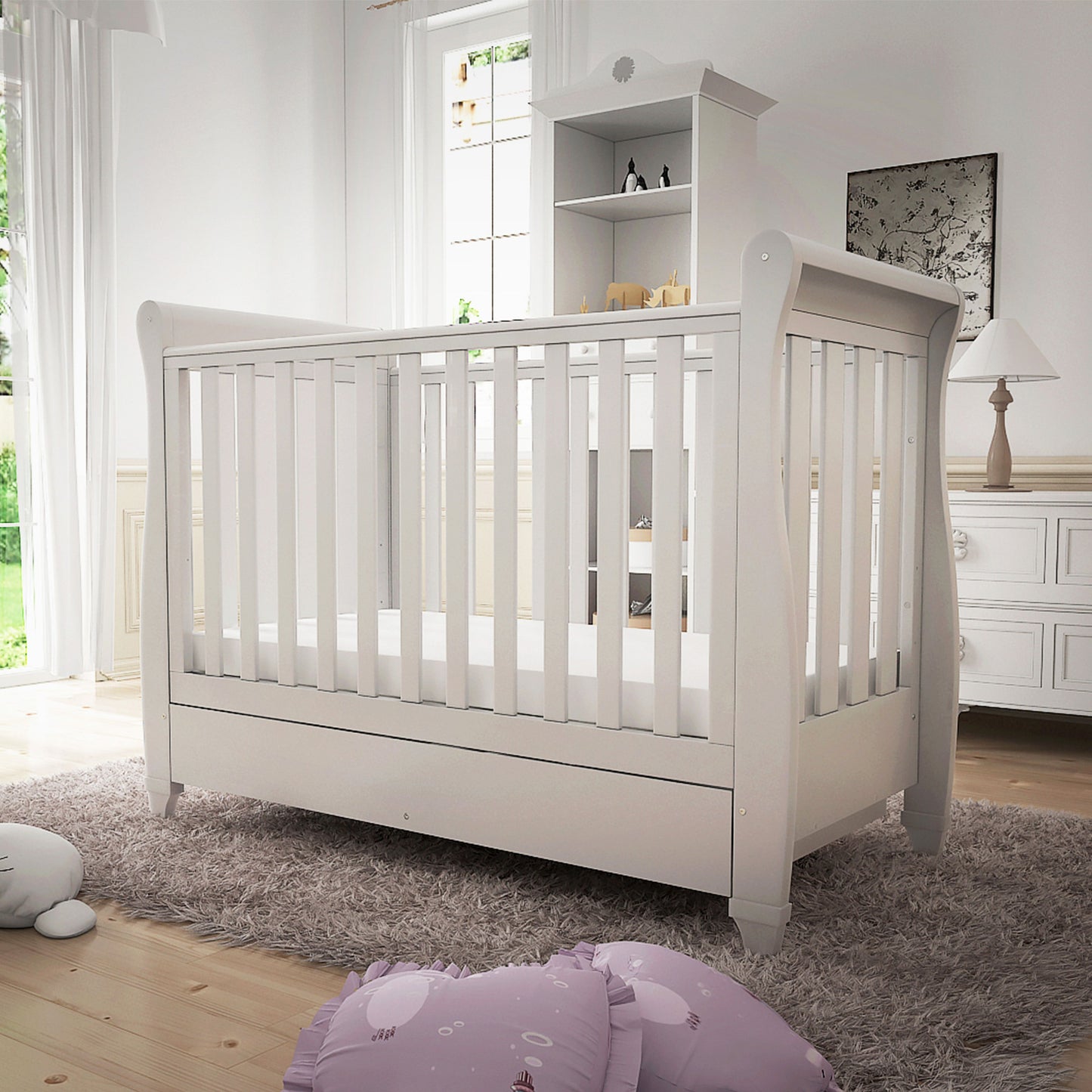 Babymore Eva Sleigh Drop Side Cot Bed 120 x 60cm White with drawer