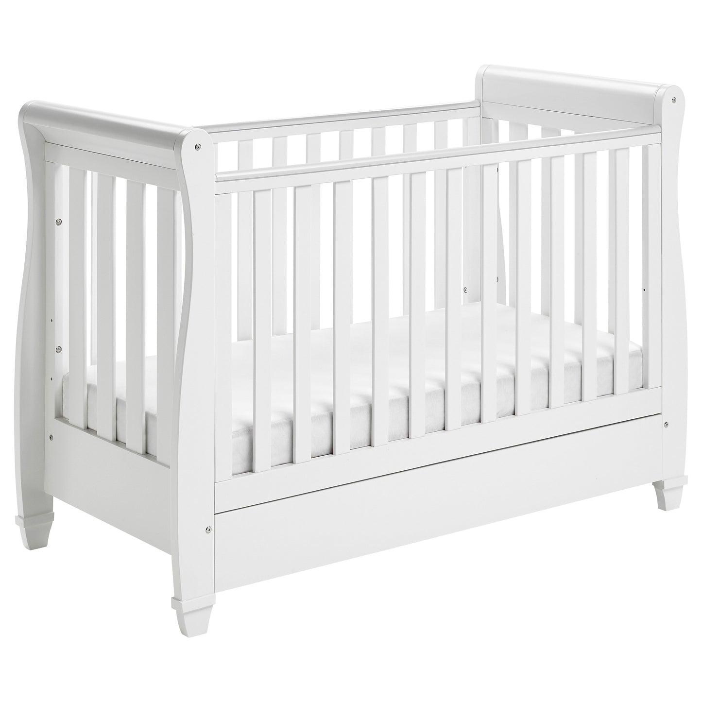 Babymore Eva Sleigh Drop Side Cot Bed 120 x 60cm White with drawer