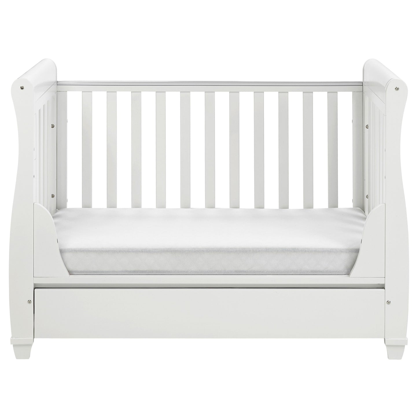 Babymore Eva Sleigh Drop Side Cot Bed 120 x 60cm White with drawer